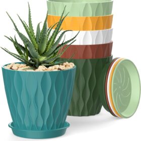 4 Inch Plant Pots with Drainage Holes - 6 Pack Modern Indoor Flower Planters with Saucers for Succulents, Herbs, and Orchids (Colorful)