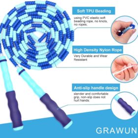 GRAWUN 6-Pack Kids Jump Ropes - Soft Beaded Adjustable Tangle-Free Skipping Ropes for Kids, Adults - Fitness Workout & Weight Loss
