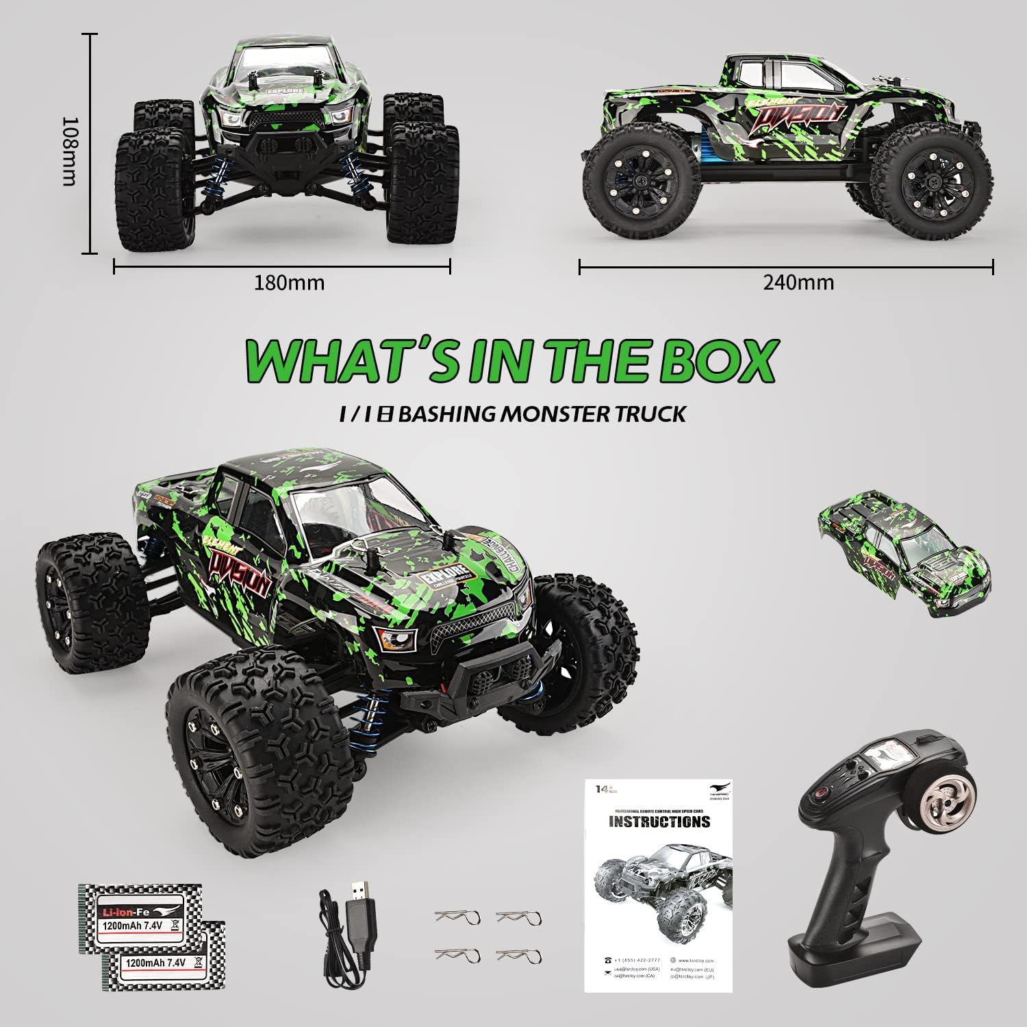 TENSSENX 1:18 Scale RC Monster Truck - 40KPH 4WD High Speed Off Road Remote Control Car with 2 Rechargeable Batteries, 2.4GHz Remote Control Vehicle for Kids & Adults