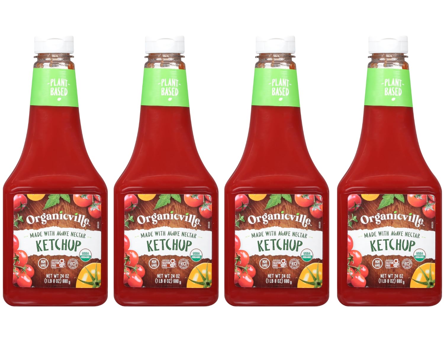 Organicville Organic Ketchup - Agave Sweetened, Gluten-Free, Vegan, USDA Organic Tomato Ketchup, Squeeze Bottle, 24 oz (4-Pack)