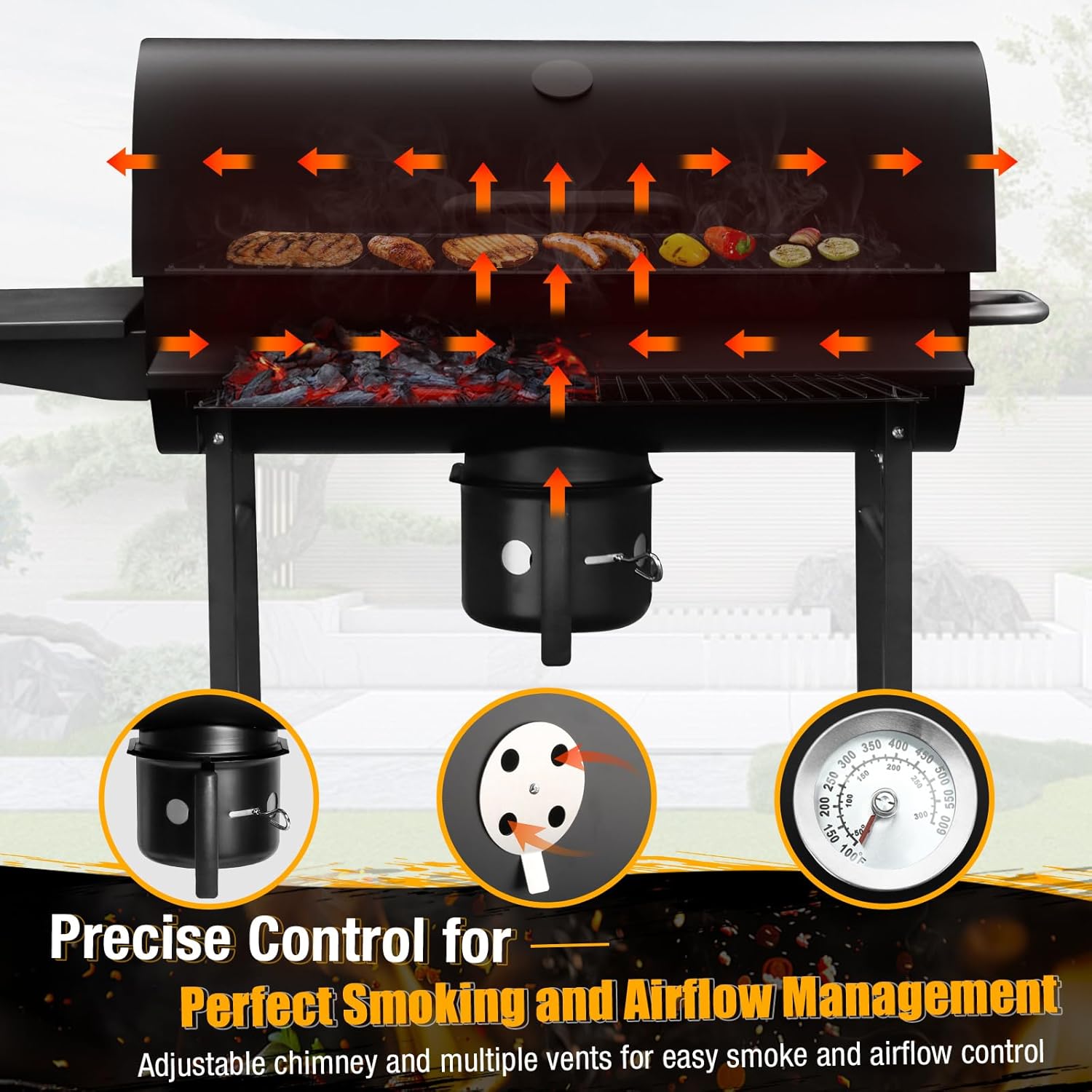 Premium 36-Inch Barrel Charcoal Grill & Smoker Combo with Side Table - 589 sq in Cooking Space, Temperature Control, Easy Mobility for Backyard, Patio, Camping
