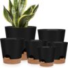 Self Watering Planters Indoor with Saucers – 6-Piece Modern Plastic Flower Pot Set (8, 7, 6.5, 6, 5.5, 5 Inch), Matte Black Pots with Drainage Holes for Home, Office, & Garden