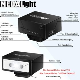 MEDALight F1 Mini Camera Flash - Portable Rechargeable Speedlite with Hot Shoe Mount for Ricoh GR3/GR3X, Canon, Nikon, Fujifilm (Not Sony ZV-1F)