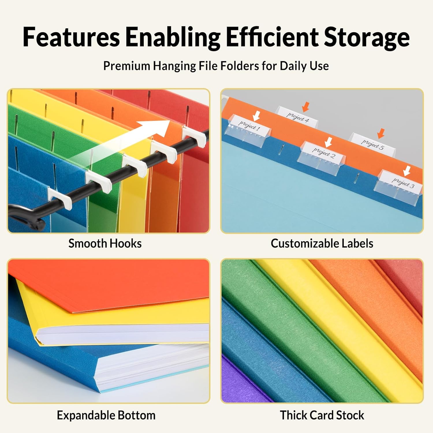 SUNEE 6-Pack Letter Size Hanging File Folders with 1/5-Cut Tabs - Color-Coded Office & Home Document Organization System