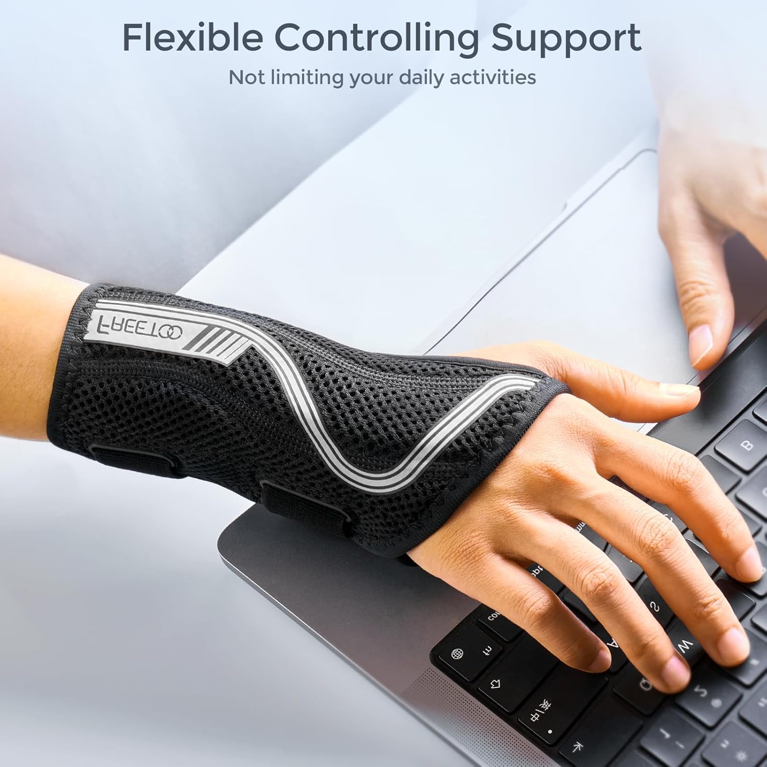 FREETOO Wrist Brace for Carpal Tunnel Relief - Anatomical Hand Support Splint with Adjustable Compression, Medium (Right Hand, Black-Grey)
