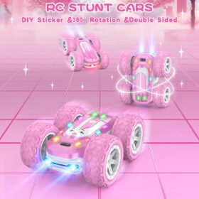 Pink RC Car for Girls - 2.4GHz 360° Stunt Car with LED Lights, DIY Stickers & Rechargeable Battery, Perfect Birthday Gift for Kids Ages 4-12