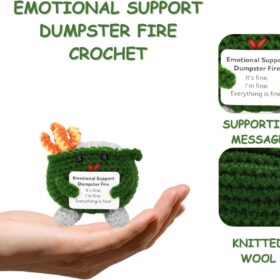 Dumpster Fire Crochet Figure – Handmade Emotional Support Decor, Funny Desk Accessory & Stress Relief Gift for Office, Coworkers, and Friends