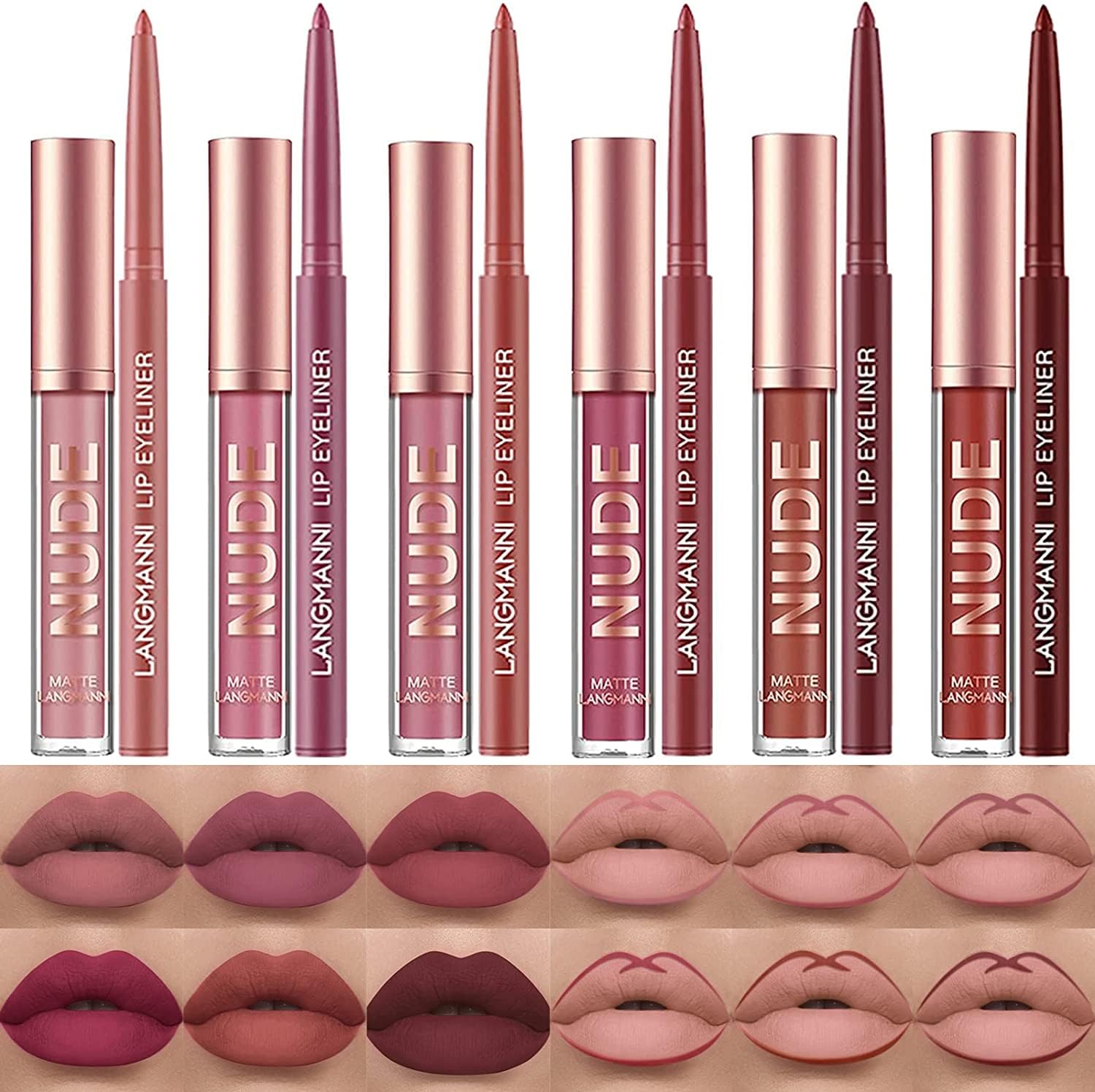 LANGMANNI 6 Matte Lipstick Set with 6 Lipliners - Long-Lasting Waterproof Velvet Lip Kit, Non-Stick Cup Formula (12-Piece Gift Set)