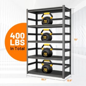 BIOSP 72" Heavy Duty 5-Tier Adjustable Metal Garage Shelving Unit - 385 lbs Capacity, Steel Storage Shelf for Warehouse, Basement, Workshop (72"H x 47"W x 18"D, Black)