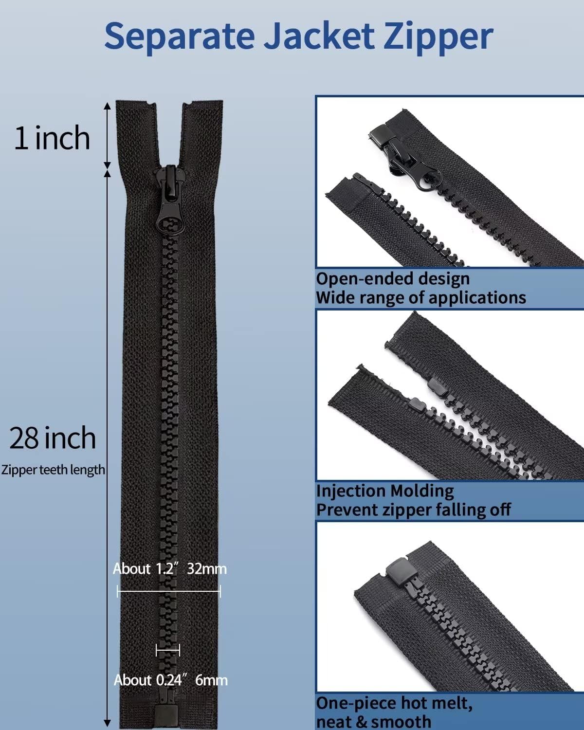 Wavebeexs 3-Pack 28-Inch #5 Black Plastic Jacket Zippers - Heavy Duty Coat Replacement Zippers for Down Jackets, Parkas, Sweatshirts & More