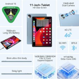 FEONAL 11" Android 15 Tablet 2026 Latest - 128GB Storage 16GB RAM, 4G LTE Cellular WiFi, Octa-Core MTK8786, 13MP Camera, Incell FHD Display, T-Mobile Compatible