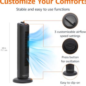 Amazon Basics 28" Oscillating Tower Fan - 3-Speed Powerful Airflow for Bedroom, Living Room & Office, 60-Degree Coverage, Compact Design, Black