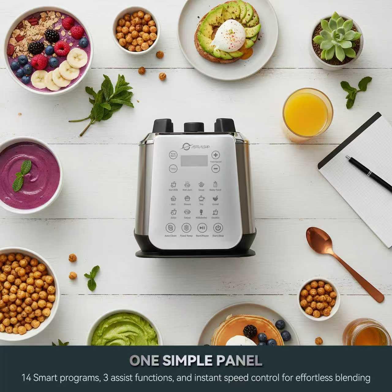 Professional Stainless Steel Blender 1500W – Glass Jar with Heating Function, 14 Preset Programs, 9 Speeds for Smoothies, Soups & Nut Milk