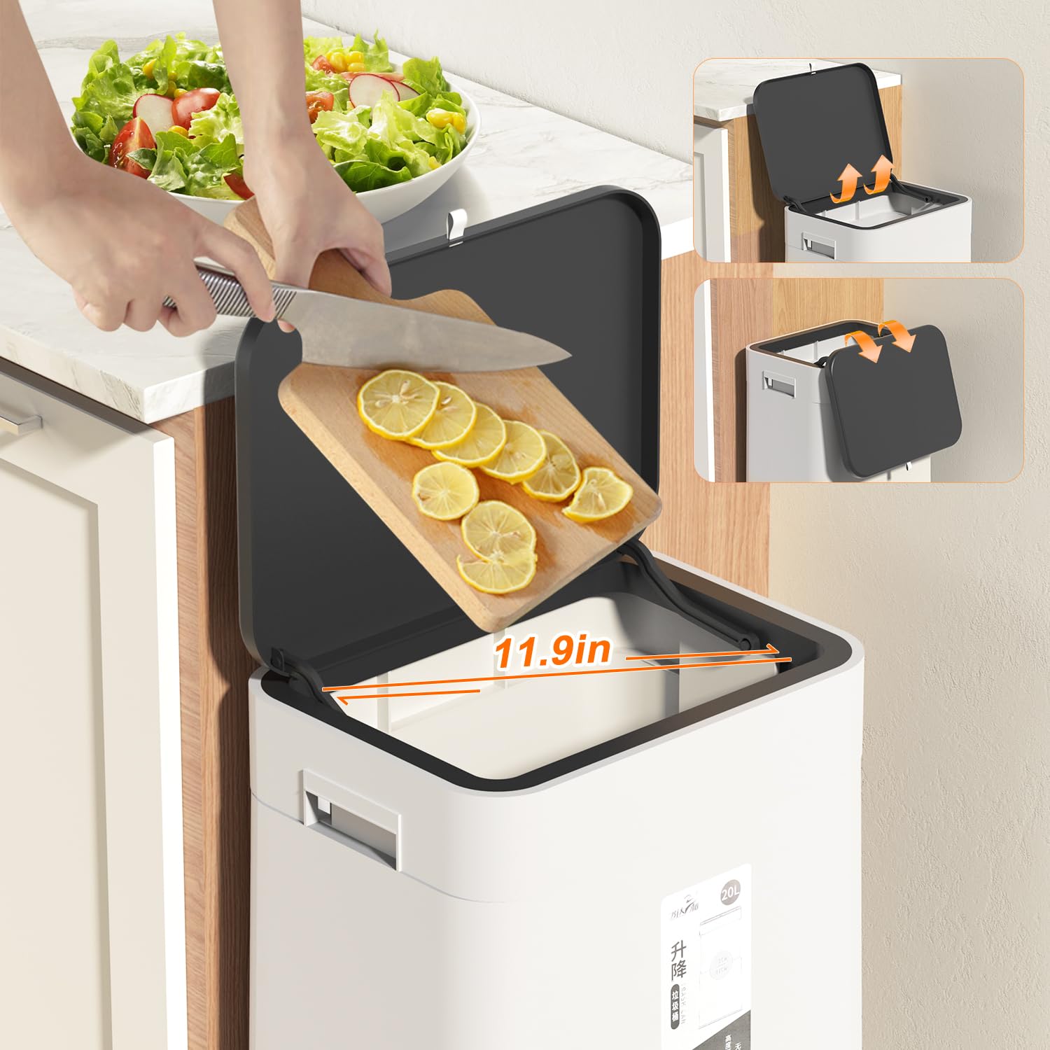 Slim Rolling Kitchen Trash Can with Lid - 20L/5.3Gal Adjustable Height Mobile Garbage Bin with Wheels for Bathroom, Bedroom, Living Room & Office - White