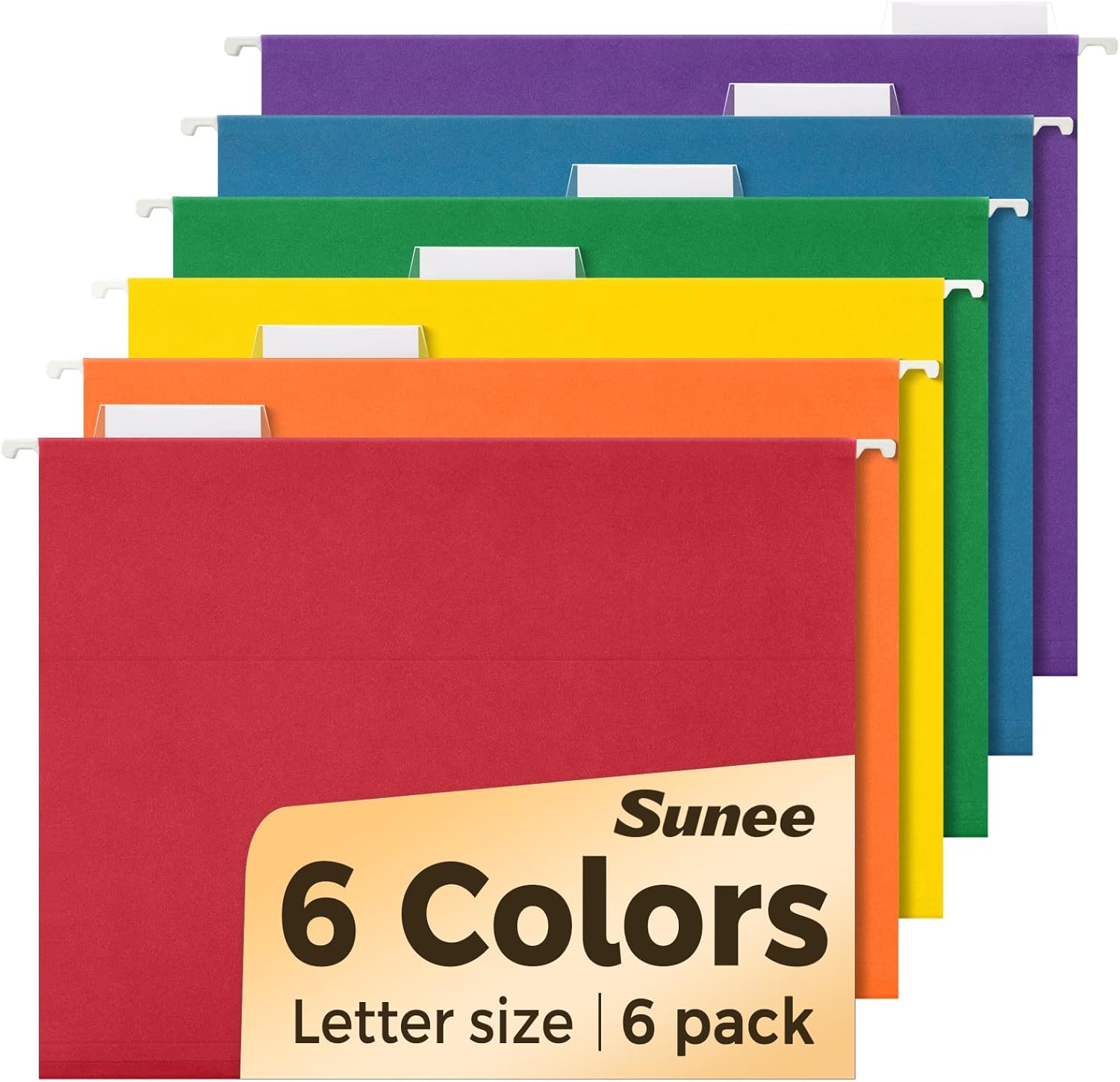 SUNEE 6-Pack Letter Size Hanging File Folders with 1/5-Cut Tabs - Color-Coded Office & Home Document Organization System