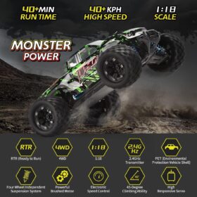 TENSSENX 1:18 Scale RC Monster Truck - 40KPH 4WD High Speed Off Road Remote Control Car with 2 Rechargeable Batteries, 2.4GHz Remote Control Vehicle for Kids & Adults