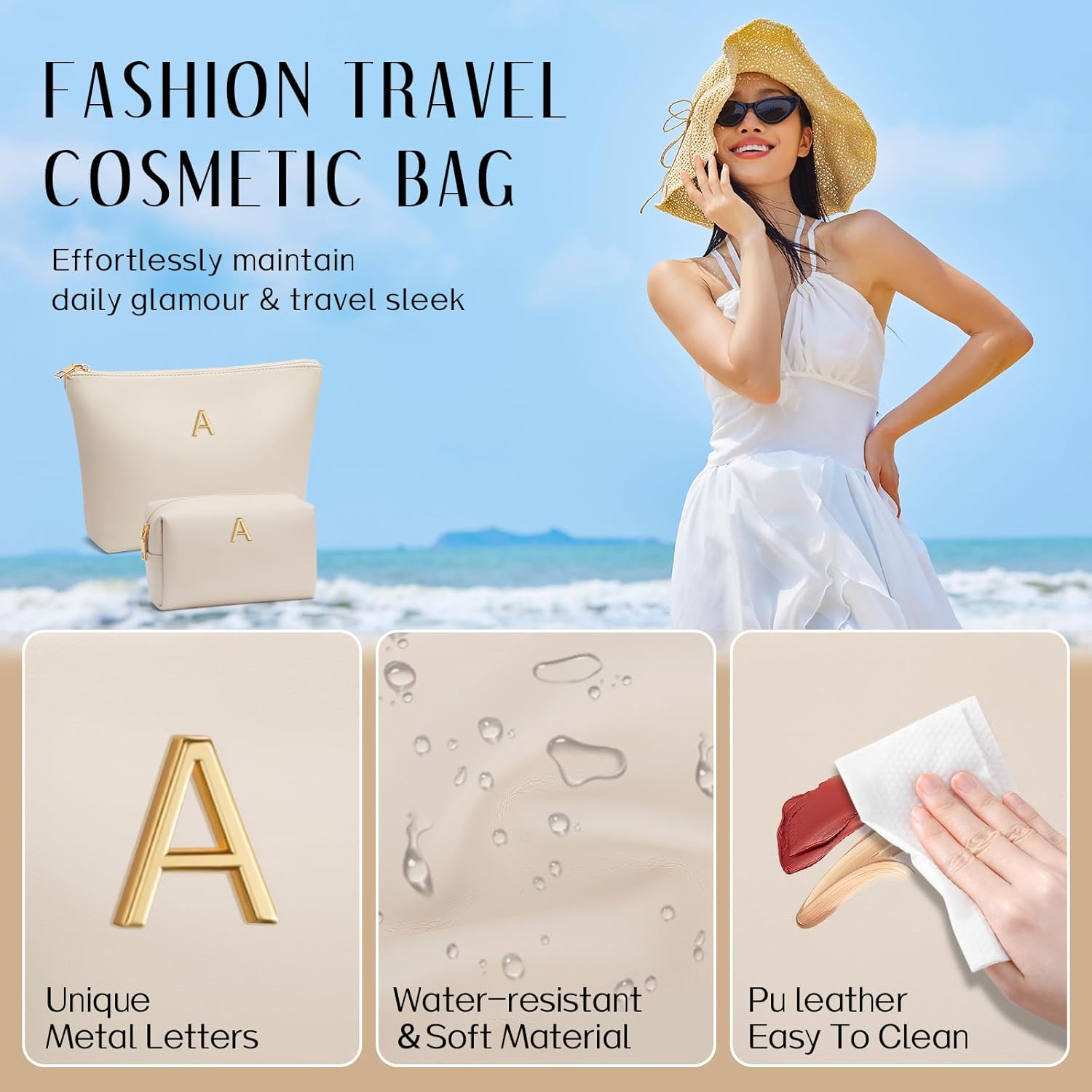 Personalized Initial Makeup Bag - Premium Waterproof PU Leather Cosmetic Travel Toiletry Bag with Custom Metal Monogram - Perfect Bridesmaid Birthday Gift (Beige)