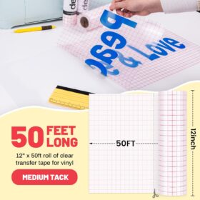 TECKWRAP Clear Vinyl Transfer Tape - 12" x 50 FT Roll with Red Alignment Grid, Medium Tack Transfer Paper for Decals, Signs & DIY Crafts