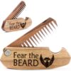 Premium Walnut Folding Beard Comb - Handcrafted Wooden Pocket Comb for Men with 'Fear The Beard' Engraving, Ideal Grooming Gift for Husband