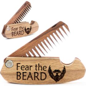 Premium Walnut Folding Beard Comb - Handcrafted Wooden Pocket Comb for Men with 'Fear The Beard' Engraving, Ideal Grooming Gift for Husband