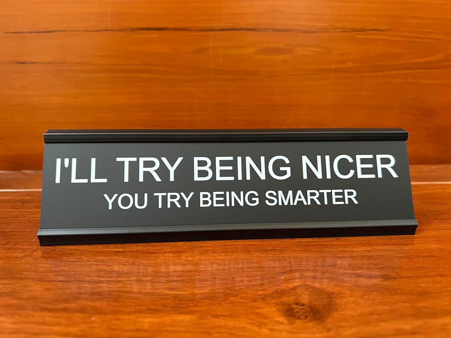 Sarcastic Desk Sign – 'I'll Try Being Nicer If You Try Being Smarter' – Funny Snarky Office Decor for Coworkers, Bosses, & Teachers