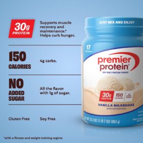 Premier Protein Powder - Vanilla Milkshake Flavor | 30g Whey Protein, 1g Sugar, Keto Friendly, Gluten Free, 23.3 oz (17 Servings)