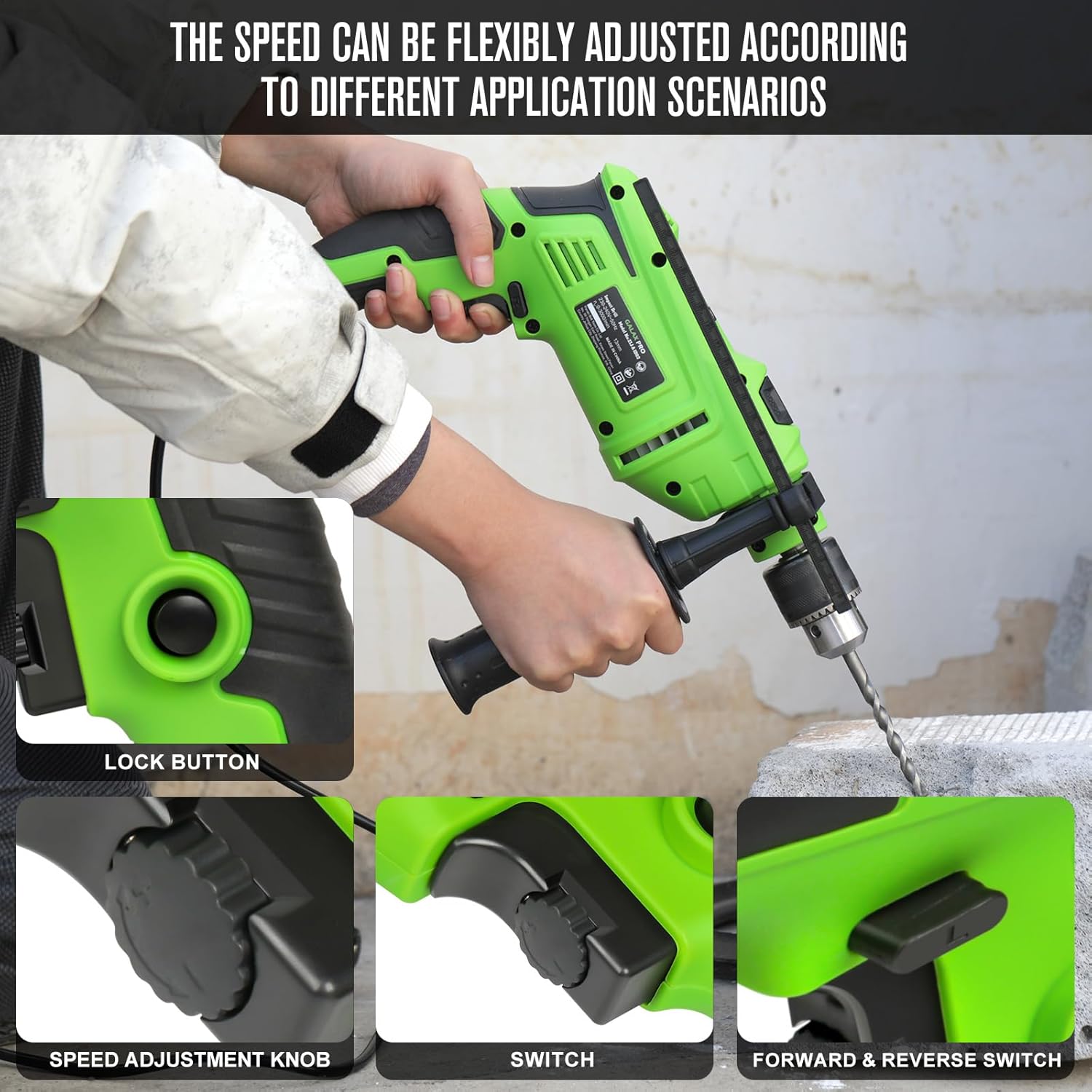 GALAX PRO 7A 850W 2-in-1 Hammer Drill - Variable Speed 0-3000 RPM, 13mm Metal Chuck, 360° Auxiliary Handle, 13 Pc Bit Set for Concrete, Metal & Wood