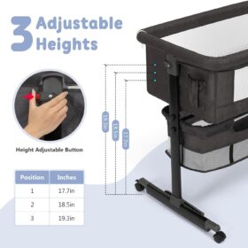 3-in-1 Baby Bassinet Bedside Sleeper – Portable Crib with Wheels, Rocking Mode, Breathable Mesh & Storage Basket – Easy Fold & Travel – Dark Gray