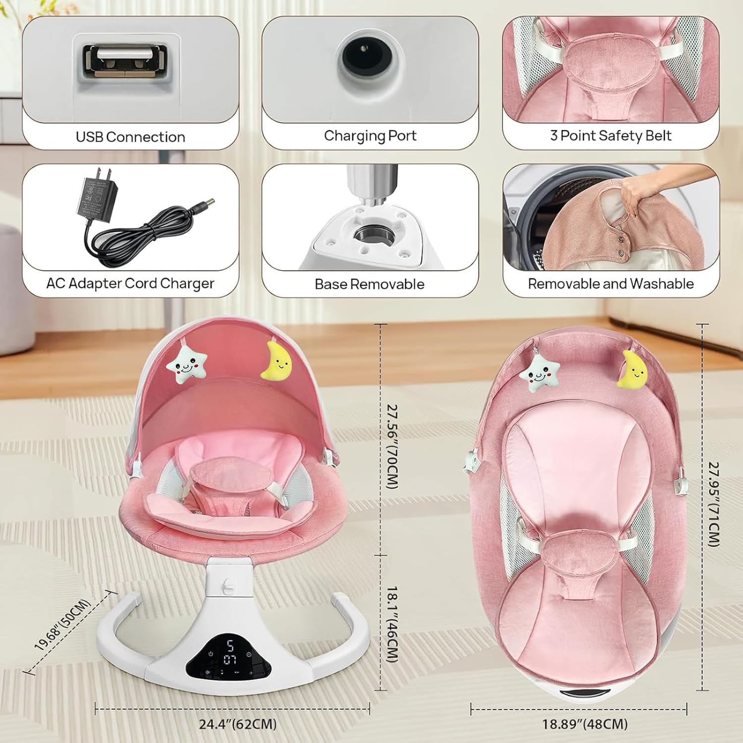 RIVIPLOU Portable Electric Baby Swing with Remote & Bluetooth - 5 Swing Speeds, Timer & Soothing Music for Infants (Pink)