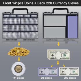 Premium Coin Collection Storage Set - 141 Coin Capsules with 6 Size Foam Gaskets, 20 Hard Currency Sleeves & 200 Soft Bill Holders - Black Collector's Organizer Box