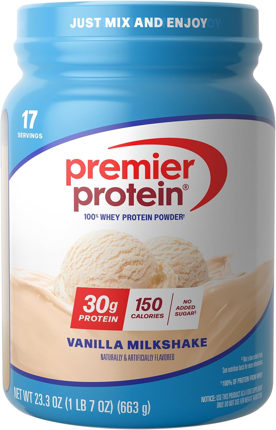 Premier Protein Powder - Vanilla Milkshake Flavor | 30g Whey Protein, 1g Sugar, Keto Friendly, Gluten Free, 23.3 oz (17 Servings)
