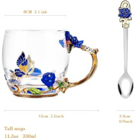 Elegant Blue Rose Butterfly Glass Tea Cup with Spoon - Handmade Decorative Mug for Women, Mom, Teacher Birthday Gifts