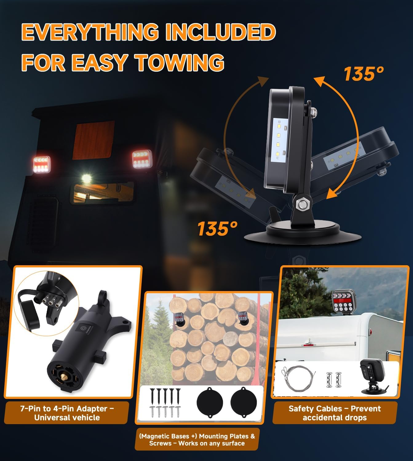 Magnetic Wireless Trailer Lights - Rechargeable Towing Light Kit with 18 Modes, 60MPH Secure Mount, for Truck RV Boat Caravan (SL-5046)
