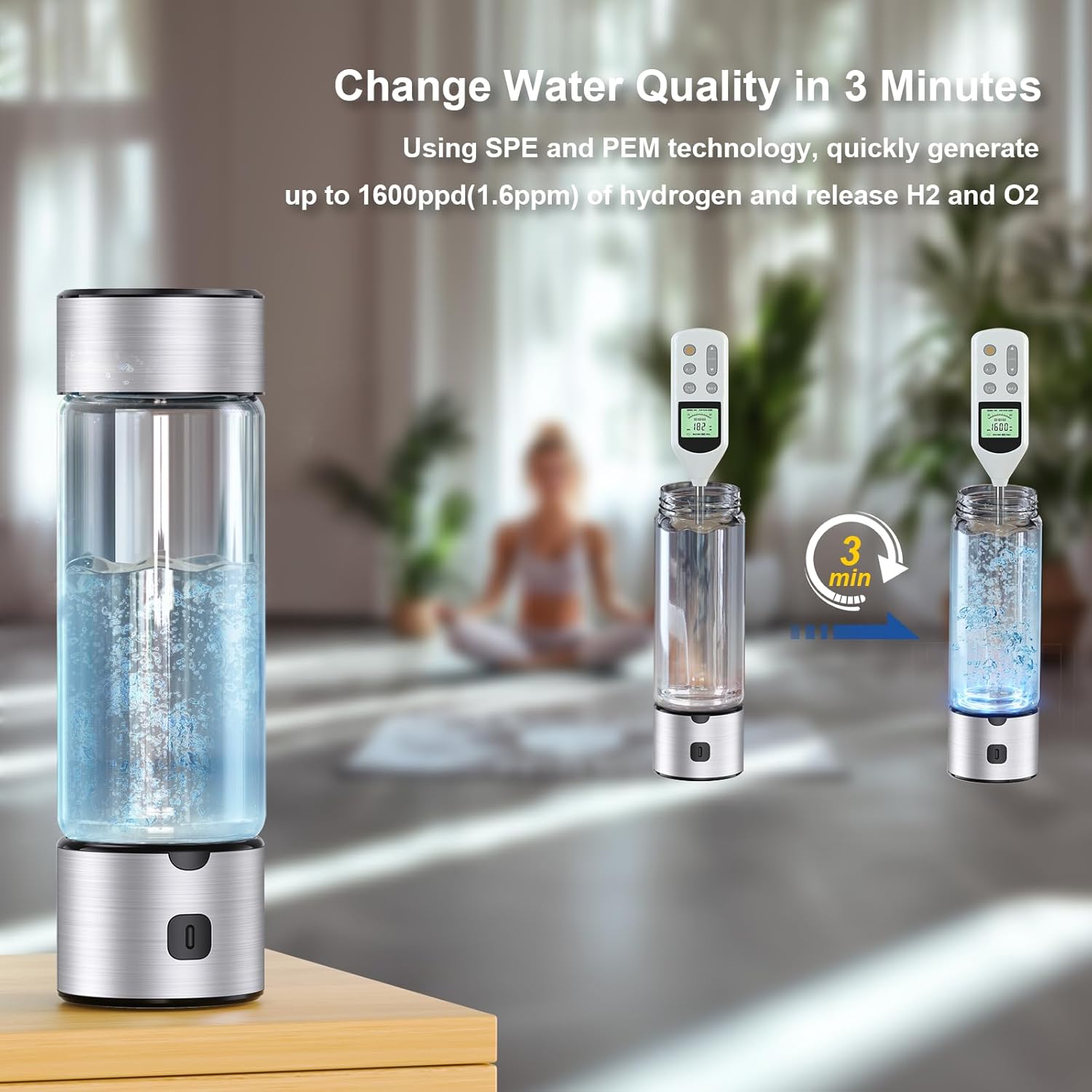 Hydrogen Water Bottle Generator - 460ml Rechargeable Hydrogen-Rich Water Maker with SPE/PEM Technology for Family Health & Wellness
