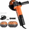 850W Professional Angle Grinder - 4-1/2 Inch Corded Power Tool with 11000RPM, 5 Cutting & Grinding Wheels, Auxiliary Handle for Metal/Wood Work - Slide Switch Design