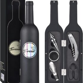 Kato Wine Accessories Gift Set - Premium Corkscrew Kit with Drip Ring, Foil Cutter, Aerator Pourer & Stopper in Bottle-Shaped Case - Elegant Wine Tool Set for Valentine's, Anniversary, Wedding Gifts (Black)