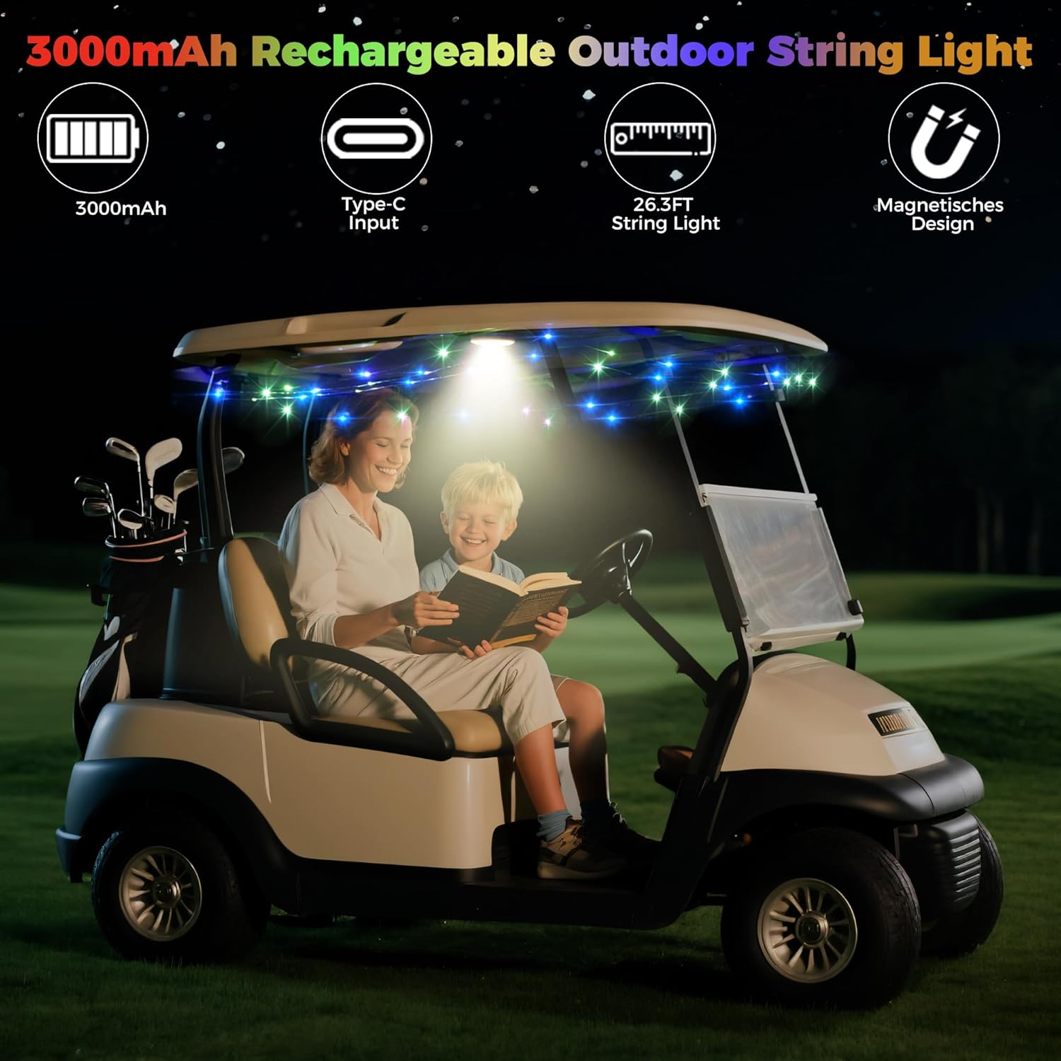 10L0L Golf Cart Roof LED Light Bar - 5 Color Modes, Magnetic USB-C Rechargeable Waterproof Strip Lights for Yamaha EZGO Club Car, Night Golf Party Decor