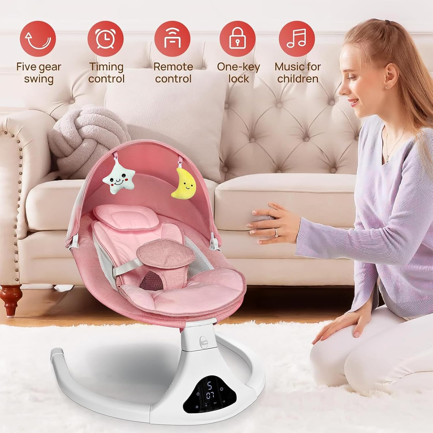 RIVIPLOU Portable Electric Baby Swing with Remote & Bluetooth - 5 Swing Speeds, Timer & Soothing Music for Infants (Pink)