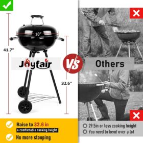 Joyfair 18-Inch Kettle Charcoal Grill - Portable Outdoor BBQ Smoker with Wheels, Enameled Lid & Dual Venting System for Backyard, Camping & Patio