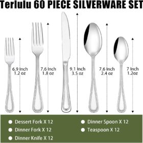 Terlulu 60-Piece Stainless Steel Flatware Set for 12 | Mirror Polished Cutlery with Beaded Handles | Dishwasher Safe Silverware Set for Home & Restaurants