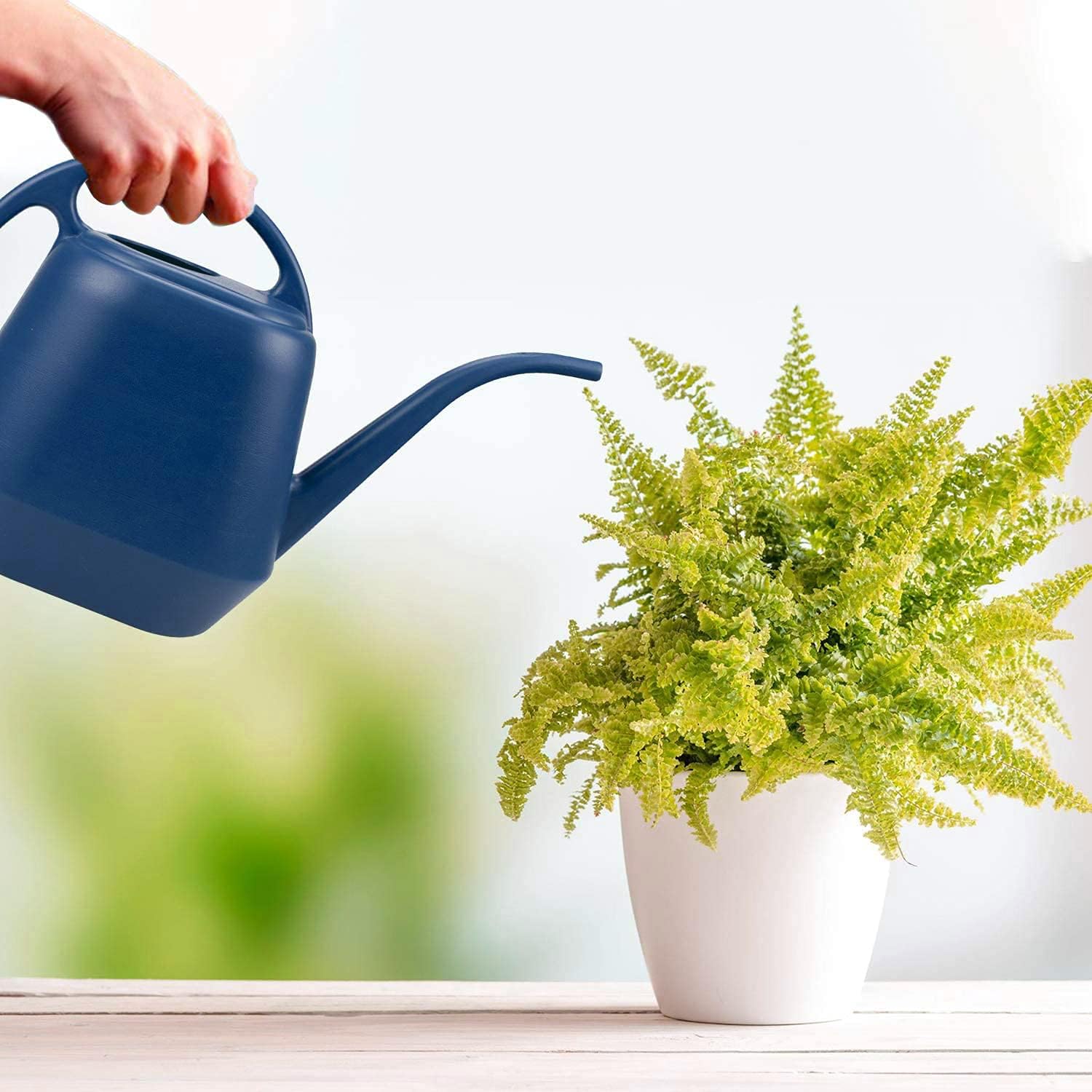 Fasmov 1-Gallon Plastic Watering Can with Long Spout - Ergonomic Garden & Indoor Plant Watering Jug, Blue