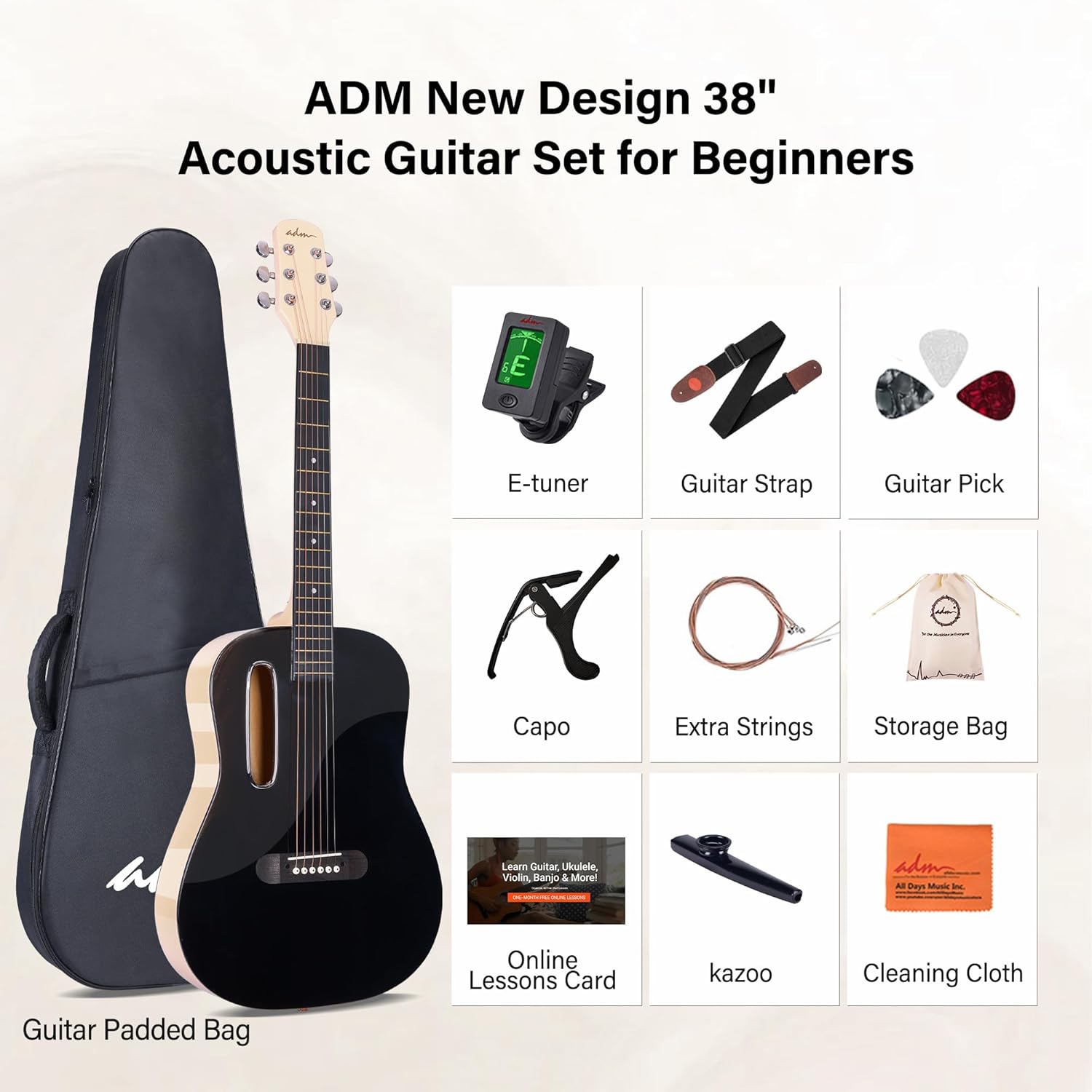 ADM 38-Inch Acoustic Guitar Starter Kit for Beginners - Complete Bundle with Gig Bag, Tuner, Picks, Strap, Capo, Extra Strings & Online Lessons