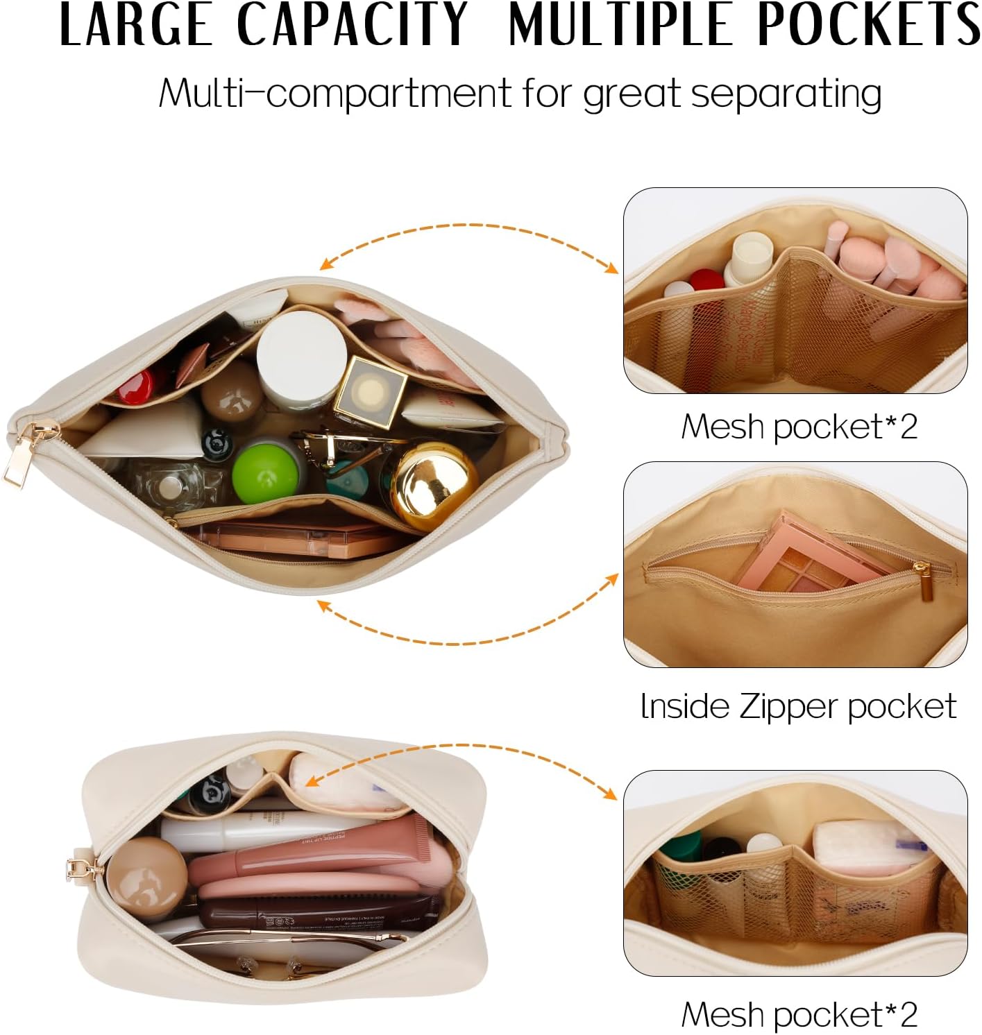 Personalized Initial Makeup Bag - Premium Waterproof PU Leather Cosmetic Travel Toiletry Bag with Custom Metal Monogram - Perfect Bridesmaid Birthday Gift (Beige)