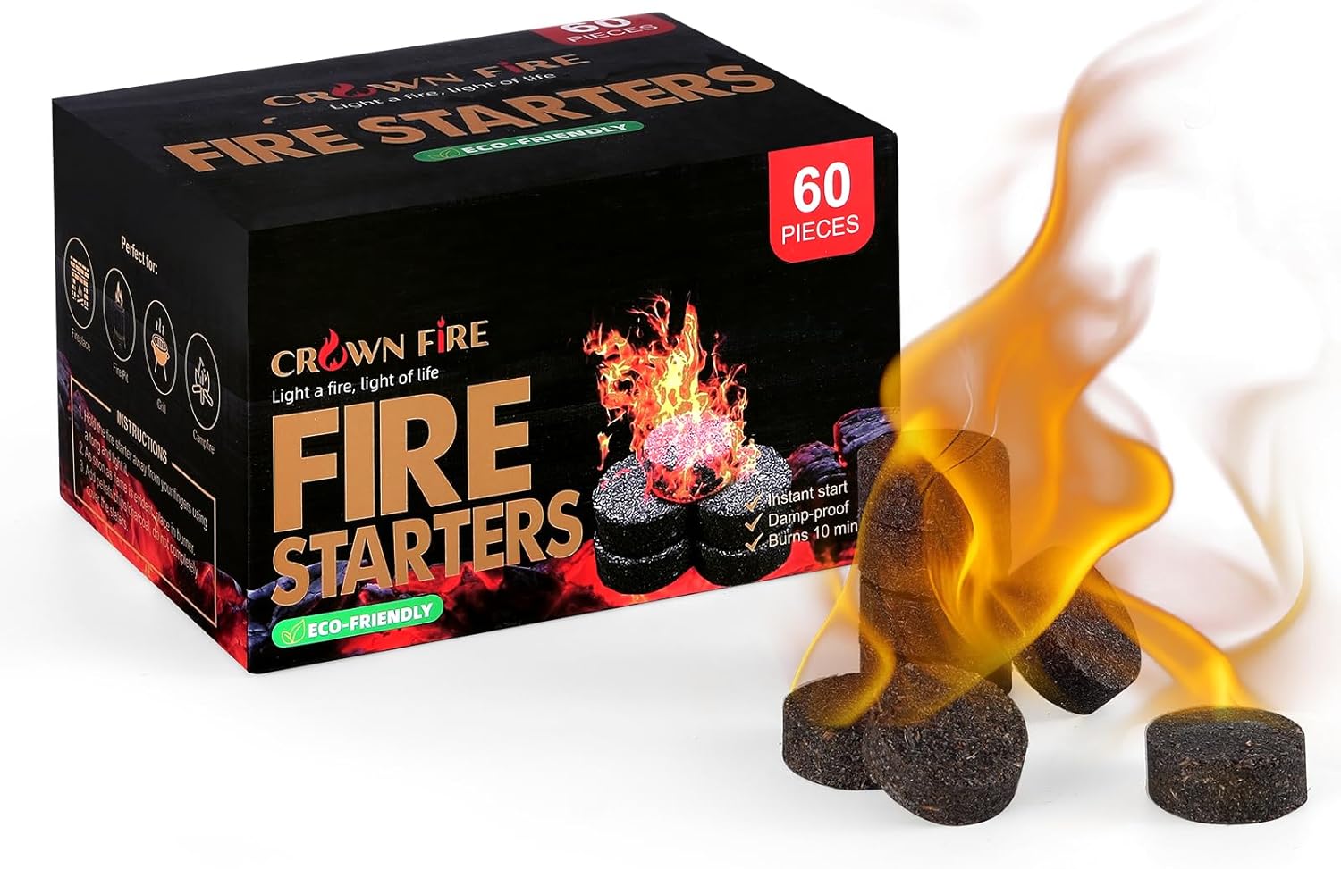 CROWN FIRE 60-Pack Fire Starters - Waterproof Instant BBQ & Campfire Ignition Cubes for Solo Stove, Grill, Fireplace & Outdoor Cooking