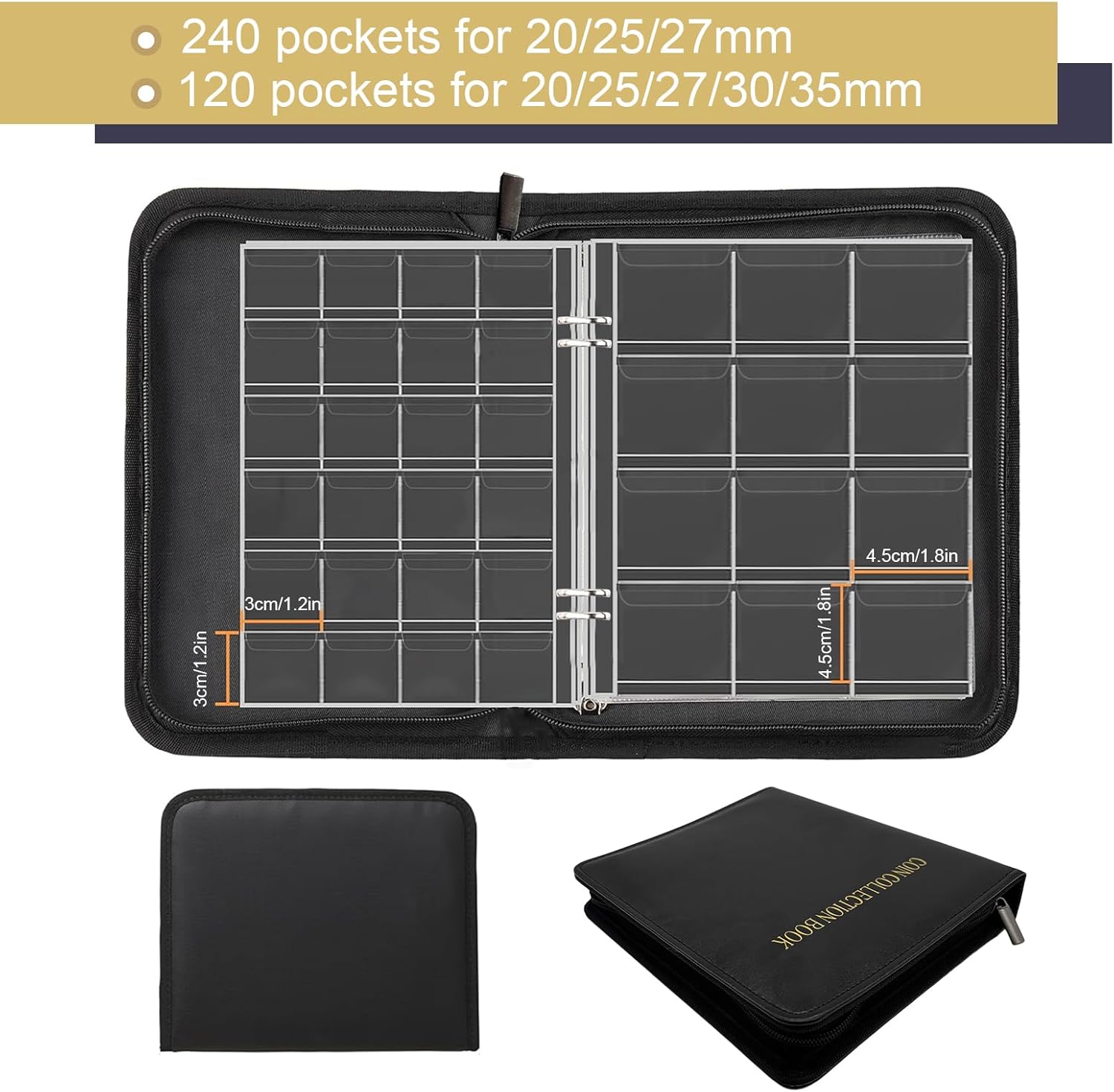 Premium 360 Pockets Coin Collection Book - Fireproof Album Holder with Anti-Static Sleeves for Numismatic Collectors (17-30mm Coins) - Black