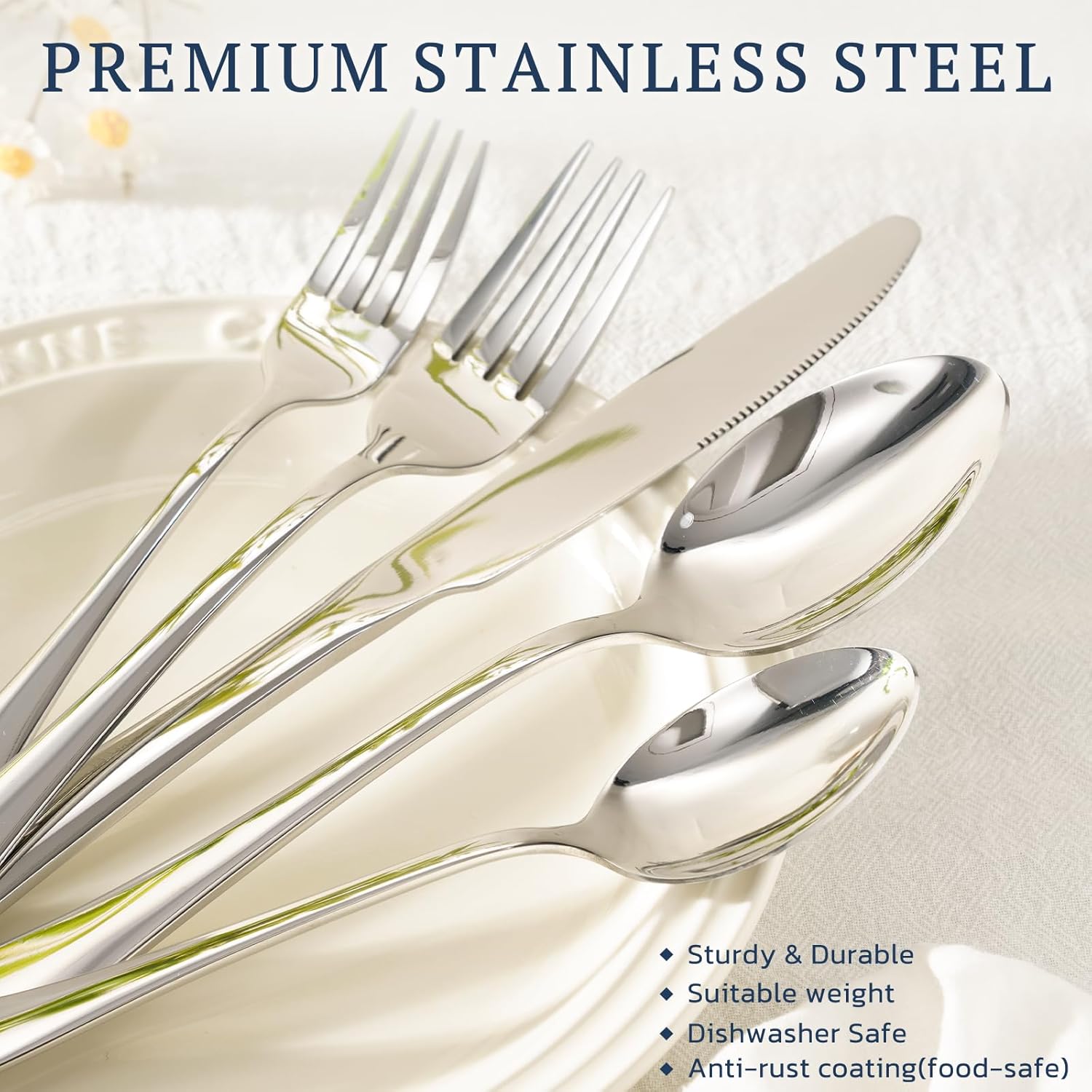 Astercook 48-Piece Stainless Steel Flatware Set with Steak Knives - Food-Grade Mirror Polished Cutlery for 8, Silverware Utensils for Home Kitchen Restaurant