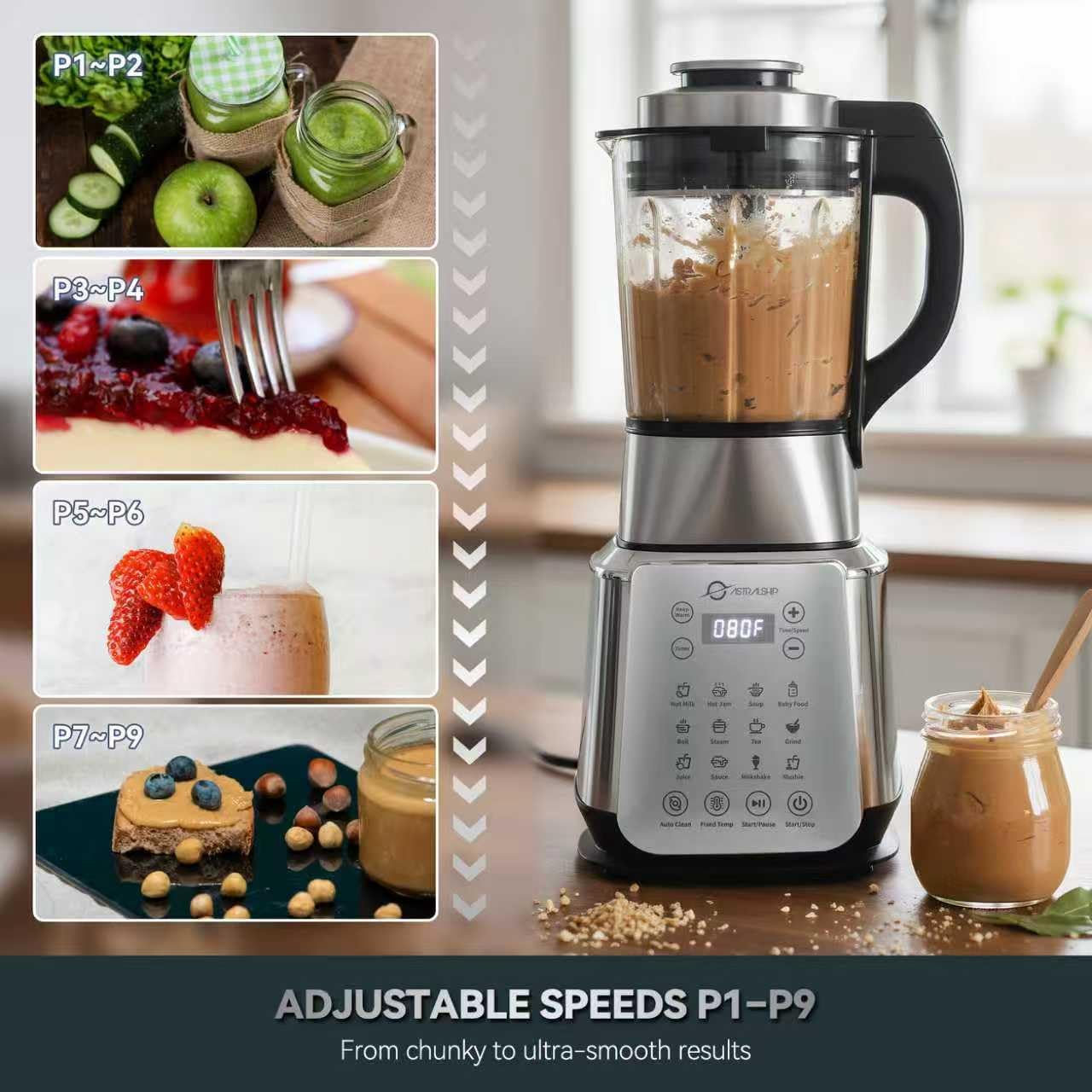 Professional Stainless Steel Blender 1500W – Glass Jar with Heating Function, 14 Preset Programs, 9 Speeds for Smoothies, Soups & Nut Milk