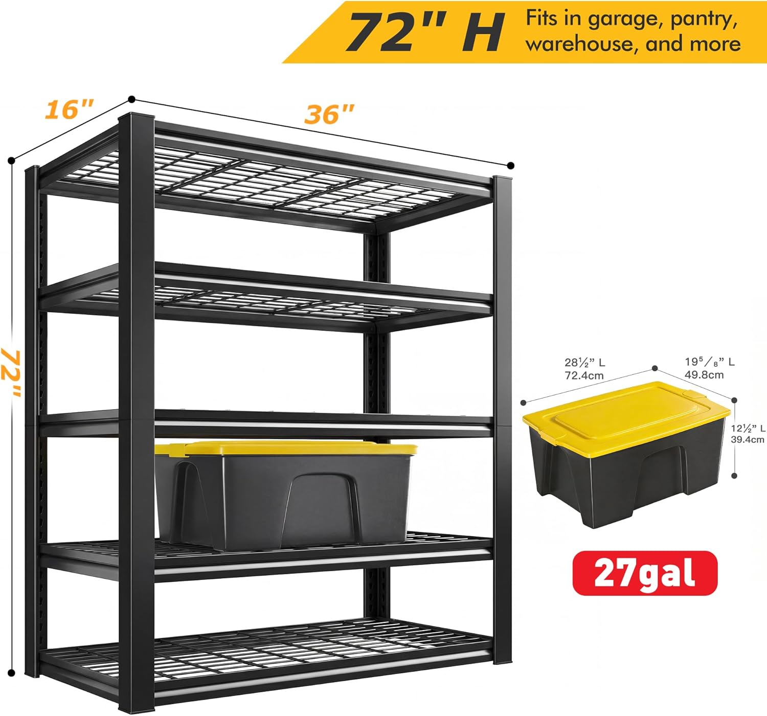 REIBII Heavy Duty Garage Shelving - 5-Tier Industrial Metal Storage Rack 3200LB Capacity, Adjustable 36" x 16" x 72" for Garage, Warehouse, Basement, Pantry, Commercial Use