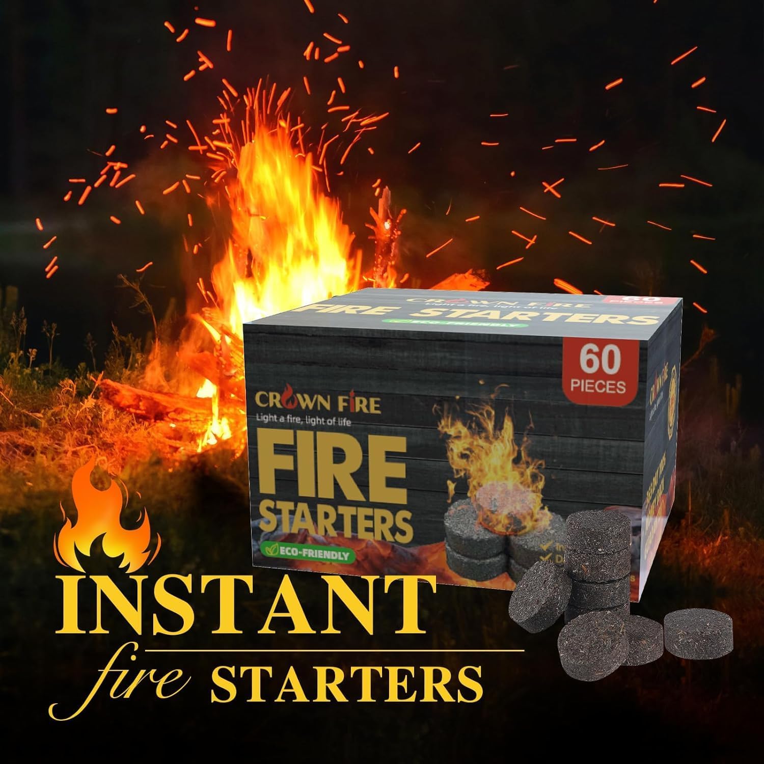 CROWN FIRE 60-Pack Fire Starters - Waterproof Instant BBQ & Campfire Ignition Cubes for Solo Stove, Grill, Fireplace & Outdoor Cooking