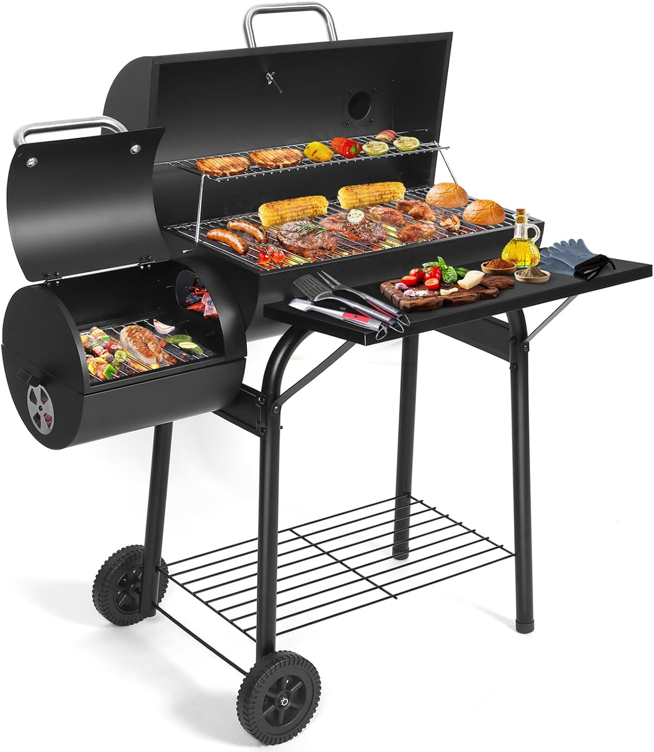 Premium Charcoal Grill Offset Smoker Combo - 512 Sq.In. Barrel BBQ with Dual Chambers for Perfect Grilling and Smoking